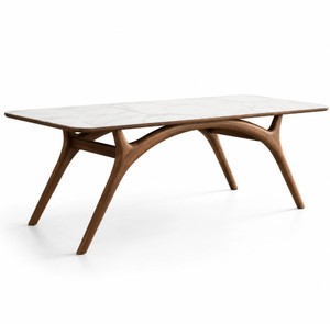 Ensemble de salle à manger moderne du milieu du siècle, 6 pièces, table en bois avec chaises à dossier solide, plateau en pierre, meubles pour la maison - Product Image 3