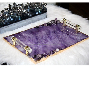 Plateau de service en résine acrylique époxy sculptée décorative galvanisée avec poignées en métal pour table de cuisine - Product Image 1