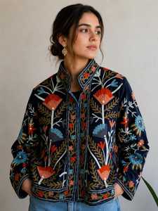 เสื้อแจ็คเก็ตกำมะหยี่ปักลายซูซานีแบบอินเดียทำมือสำหรับผู้หญิง ลายดอกไม้ประณีต เสื้อโค้ทสำหรับฤดูหนาว สไตล์คลาสสิกสำหรับสุภาพสตรี - Product Image 5
