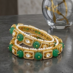 925 Silver Emerald Green Monzo Bangles Designer Pearl <b>Kada</b> Set for Women Antique Bridal Jewelry - Product Image 3