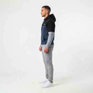 Ensemble de survêtement à capuche pour homme HAWK EYE, couleur contrastée, sweat-shirt décontracté à manches longues avec poches à cordon, gris bleu marine, vêtements d'automne - Product Image 3