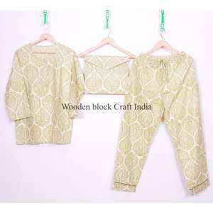 Ensemble de pyjama en coton indien pour femmes, imprimé floral, avec fermeture à boutons, pour la plage et la détente, col rond, ensemble de pyjama - Product Image 6