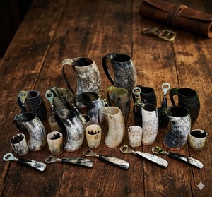 Jarra de cuerno estilo vikingo tallada a mano con abridor de botellas y vaso de chupito a precio económico - Product Image 1