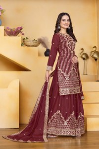 Ensemble de robe traditionnelle indienne pakistanaise en soie chinon brodée jaune pour femmes, robe longue à coupe régulière - Product Image 3