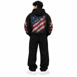 Streetwear Men's 100% Cotton 2PC Tracksuit Set <b>Full</b> <b>Zip</b> <b>Hoodie</b> Matching Trousers Rhinestone Graphic Casual Winter Custom Logo - Product Image 2