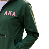 Veste coupe-vent légère et décontractée pour femme, vert foncé, pliable, à capuche, avec patch lettre rose, demi-zip, pour l'extérieur