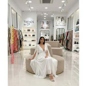 Elegant White Chiffon Maxi <b>Dress</b> with Cape Sleeves - Deep V-Neck Empire Waist Evening Gown <b>for</b> <b>Parties</b> and Weddings - Product Image 3