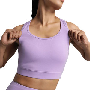 Ensemble soutien-gorge de sport sans couture pour femme, violet, col en V, dos nageur, tenue de yoga et de sport, soutien moyen, leggings taille haute, couleur unie, extensible - Product Image 2