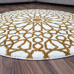 Tapis en laine géométrique rectangulaire couleur or moutarde ivoire, tufté à la main, antidérapant, motif étoile radiale, motifs mosaïques décoratifs - Product Image 2