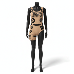 Traje de baño de una pieza para mujer, de poliéster y spandex de alta elasticidad, color beige con paneles negros, cinturón, bolsillo y estampado de logotipo. - Product Image 6