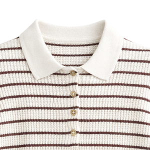 Camiseta Polo de Punto Calado a Rayas para Mujer, Manga Corta, Cierre de Botones, Estilo Casual de Verano, Transpirable, Texturizada, a la Moda - Product Image 4