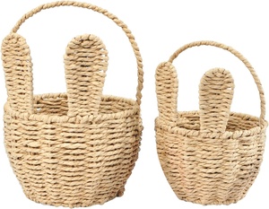 Panier de Pâques en osier fait à la main avec poignée |   Pot de fleurs décoratif en paille tressée |   Panier-cadeau mignon de lapin pour les fêtes d'enfants - Product Image 1