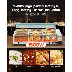 Scaldavivande Elettrico Commerciale 1500W in Acciaio Inox con 9 Vasche, Buffet da Banco con Coperchio in Vetro e Controllo Manuale della Temperatura - Product Image 2