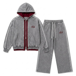 Sudadera con capucha gris de doble capa de peso pesado, estilo vintage con lavado ácido, chaqueta con cremallera, bordado personalizado, forro polar en contraste, ropa urbana para hombre - Product Image 4