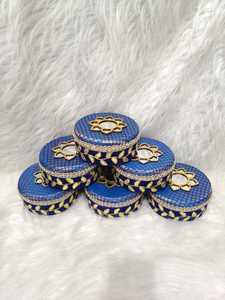 Decorative Blue Brocade Steel <b>Mithai</b> <b>Box</b> Candy Container Diwali Wedding Ramadan Birthday Party Favors Dry Fruit Gift Packaging - Product Image 3