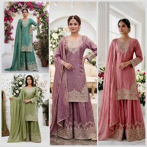 Conjunto de 3 Piezas Sharara Gharara con Bordado Indio, Traje Tradicional Étnico de Georgette y Seda para Invierno, Verano, Bodas y Diwali - Product Image 2