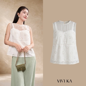 VIVIKA Blusa blanca sin mangas para mujer, top de verano con ribete de encaje bordado con ojales, tela suave femenina SOLVIA - Product Image 1