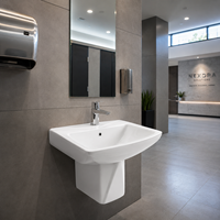 Évier semi-pied Trigon moderne, montage monotrou pour robinet, céramique polie, résistant à l'eau, facile à nettoyer, pour salle de bain d'hôpital
