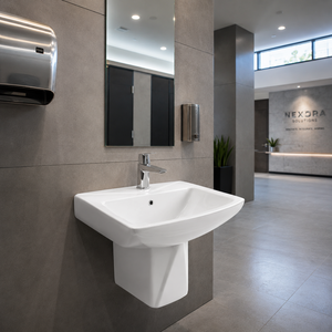 Lavabo Semi-Pedestal Moderno Trigon con Soporte para Grifo de un Solo Orificio, Diseño Minimalista, Lavabo de Cerámica Pulida para Baño - Product Image 5