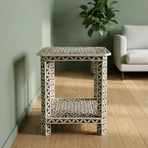 Handcrafted Bone Inlay Two Tier Side <b>Table</b> Square <b>End</b> <b>Table</b> Modern Accent Furniture Living Room Bedroom <b>Storage</b> Design - Product Image 4