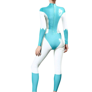 Women's Blue White Color Block Full Length <b>Jumpsuit</b> Long Sleeve Turtleneck High Waist Spandex Nylon Swimwear Clubwear - Product Image 1