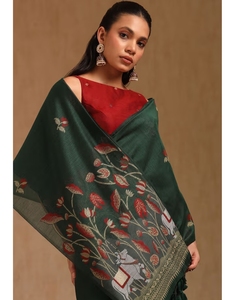 Sari KV para Mujer, Verde, con Estampado Chanderi Pichwai y Blusa sin Coser - Product Image 4