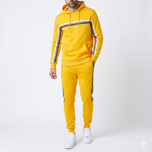 Men Yellow Striped Hooded Tracksuit Full Length Casual Sweatshirt And <b>Pants</b> Set With Side Pockets Breathable Polyester Material - Product Image 1