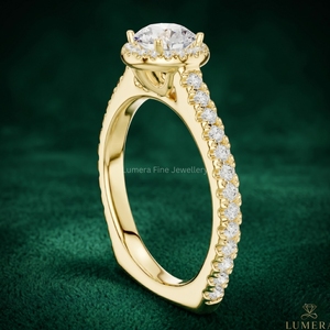 Bague de fiançailles délicate avec halo de diamants de laboratoire ronds, bordure pavée étincelante autour d'un diamant central brillant, sertissage sécurisé par griffes - Product Image 5