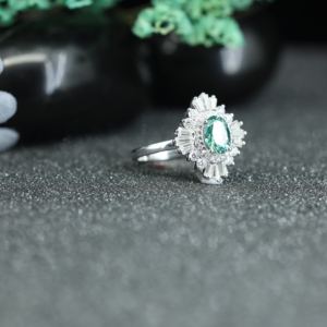 Oval Cut Green Moissanite <b>Ring</b> 925 Sterling <b>Silver</b> | Halo Baguette Diamond Look <b>Statement</b> Engagement <b>Ring</b> for Women - Product Image 5