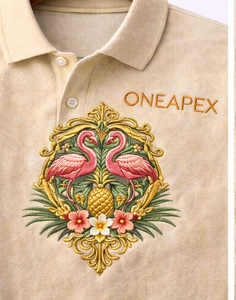 Men’s <b>Tropical</b> Flamingo Polo <b>Shirt</b> – Vintage Pineapple Crest Casual Polo Tee - Product Image 3