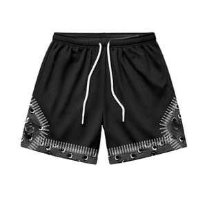 Pantalones Cortos Negros Personalizados de Malla con Diseño Gráfico Metálico, Transpirables, 100% Poliéster, Estilo Urbano, Cierre con Cordón Ajustable, Envío Rápido - Product Image 1