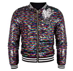 Men's <b>Sequin</b> Varsity <b>Jacket</b> <b>Black</b> Gold Reversible Zipper Streetwear Style Regular Fit Autumn Wear Turn-down Collar - Product Image 3