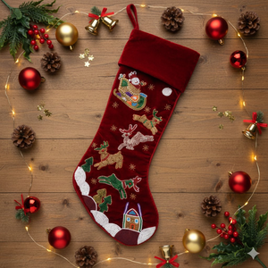 Vente en gros de chaussettes de Noël en velours rouge de 22 pouces avec broderie de Père Noël et de rennes |   Chaussette suspendue de luxe pour la décoration de cheminée - Product Image 2