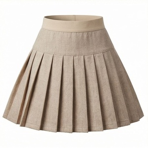 Women Pleated Mini <b>Skirt</b> <b>Elastic</b> Waist Solid Color Woven Polyester Cotton Comfortable All Seasons Style - Product Image 1