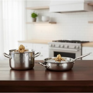 Ensemble de batterie de cuisine artisanale en acier martelé, écologique, de qualité supérieure, argenté, comprenant marmites, poêle à sauter et couvercle en forme de citrouille, finition poli miroir, pour l'Europe - Product Image 4