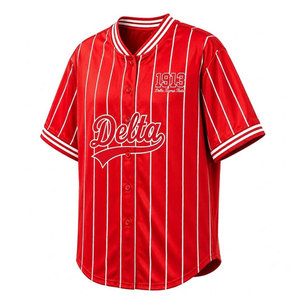 Delta |   Sigma |   Camiseta de béisbol a rayas rojas para mujer de Theta Sorority, camisa informal con botones y manga corta para mujer DST - Product Image 5