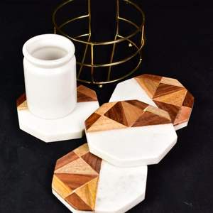 Youthful Wooden And Marble <b>Coaster</b> <b>Set</b> For Stylish Home Bar Accessories - Product Image 1
