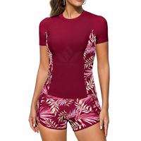 Maillot de bain à manches courtes pour femmes, imprimé feuilles tropicales, séchage rapide, compression, spandex, polyester, protection UV, surf, yoga