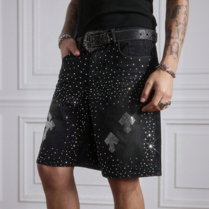Shorts Bermuda en jean tissé pour homme, ornés de strass et de sequins, à motif croisé, taille mi-haute, style urbain - Product Image 4