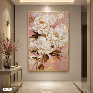 Toile murale florale, pivoines blanches, accents dorés, cadre en bois, impression de style classique, peinture sur toile F6-C3, peinte à la main - Product Image 3