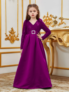 Vestido de Lujo para Niñas con Lentejuelas y Bordado de Terciopelo, Cuello en V, Manga Larga, Color Morado, para Eventos Formales, Bodas y Fiestas 2026 - Product Image 4