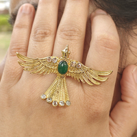 Bague ajustable en laiton plaqué or 18 carats avec motif d'aigle, pierres précieuses, onyx vert, cristal de quartz, CZ, style Art Déco, bijoux unisexe, cadeau