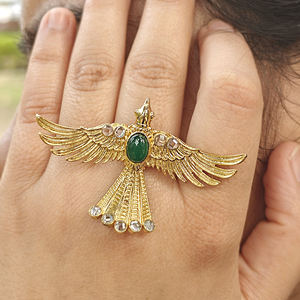แหวนปรับขนาดได้ลายนกอินทรีชุบทอง 18k ประดับด้วยคริสตัลควอตซ์สีเขียวขนาดเล็กและคริสตัล CZ สไตล์ฟีนิกซ์ เหมาะสำหรับเป็นของขวัญสำหรับทุกเพศ - Product Image 3