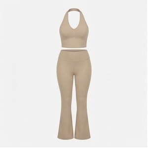 2 Piece Yoga Set Halter Neck Crop Top High Waist Full Length <b>Flared</b> <b>Leggings</b> Solid Color Seamless Sportswear Women's Activewear - Product Image 1