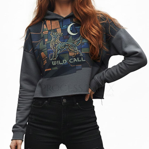 Sudadera con Capucha Corta para Mujer, Diseño Geométrico con Estampado de Lobo, Informal, de Algodón, para Otoño, Manga Larga - Product Image 5