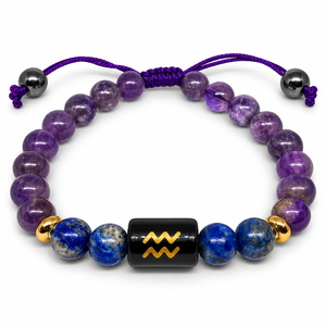 Bracelet en cristal premium du zodiaque Aquarius avec perles d'améthyste, étiquette en cuivre gravée d'un symbole sanskrit - Cadeau souvenir - Product Image 3