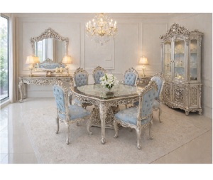 Elegant Silver-Ornate <b>Solid</b> <b>Wood</b> Dining Room Furniture Set Modern Dining <b>Table</b> and Chair Set Foldable 6-Seater Luxury Design - Product Image 1