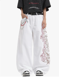 Pantalon large blanc taille haute coupe ample brodé streetwear en jean de coton pour homme – Idéal été décontracté - Product Image 1
