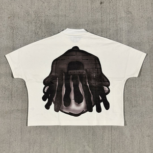 Men's White Crew Neck T-Shirt With Character Print And Black Shorts <b>Set</b> Street Style Summer <b>Knitted</b> Breathable Cotton - Product Image 3