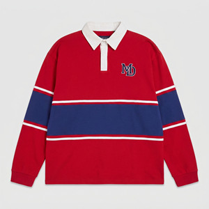Polo en coton pour homme, coupe carrée, à manches longues, tricoté épais, style rugby court, avec broderie personnalisée et strass rayés - Product Image 1